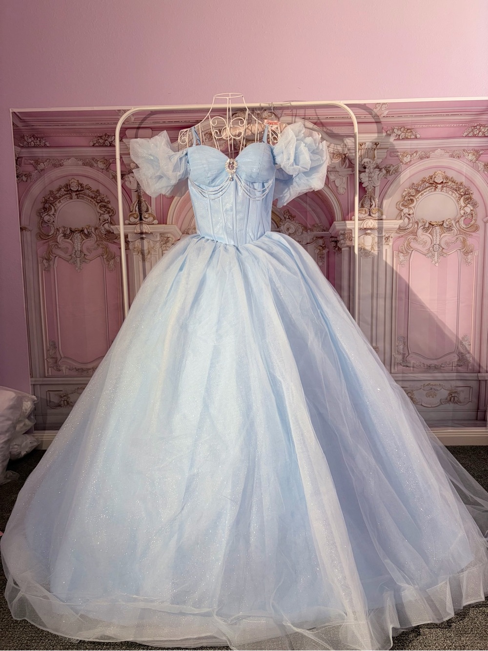 Size 6 - Light Blue Off-Shoulder Ball Gown Wedding Dress